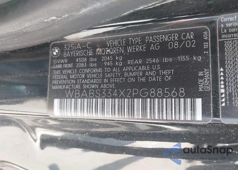 2002 BMW 325Ci из США, поврежденный, VIN WBABS334X2PG88568